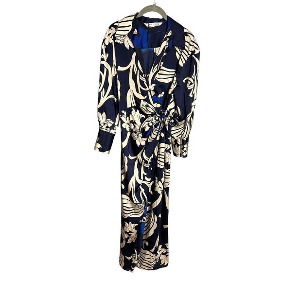 Zara Blue Abstract Satin Long Sleeve Maxi Wrap Dress Size Small - Picture 3 of 8